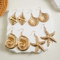 Golden starfish and seashell drop earring set for beach vacation style jewelry - Ocean Creatures 4-Pair Set (29422-G)