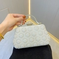 Elegant white pearl clutch evening bag with floral arrangement and silver metal handle - White