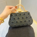 Vintage black pearl evening bag with floral bead patterns and golden metal handle - Black