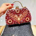 Luxury red rhinestone evening clutch bag with golden wing motif and crystal handle - Burgundy