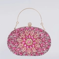 Rose pink shell-shaped evening clutch bag with sparkling rhinestones and gold ring handle - Rose Red
