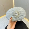 Silver grey oval evening clutch bag featuring pleated fabric and sparkling crystal flower decor - Silver
