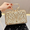 Golden luxury evening bag with pearls and crystals in radiant pattern for women - Gold