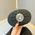 Elegant black pleated evening clutch bag with large rhinestone floral ornament - Black