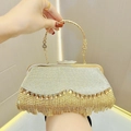 Pochette da sera in strass argentati con frange dorate e manico tondo in metallo - Oro