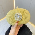 Luxury gold evening clutch bag with pleated fabric and sparkling rhinestone centerpiece - Gold
