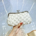 Pochette de soirée élégante en satin plissé blanc avec cadre en métal orné de strass - Blanc