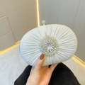 Elegant silver evening clutch bag with sparkling pleated fabric and rhinestone flower decoration - Light Gray