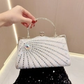 Sparkling white rhinestone evening clutch with large center stone and metal handle - White