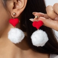 Winter earrings with red velvet heart, fluffy white pompom, and golden stud detail - Red Heart Velvet Fur Ball Style (31320-ear-white-EP)