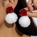 Winter festive white pompom drop earrings with red metallic flower studs for women - Red Flower Metal Fragment Style (31321-ear-white-EP)