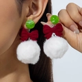 Christmas bow knot earrings with green bead and white faux fur pompom for women - Christmas Red Green White Bow Style (31322-ear-white-EP)