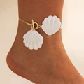 Detailed view of layered gold snake chain anklet with white shell pendants and OT clasp - Gold Double Shell Snake Chain Anklet (29537-G)