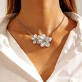 Detailed view of silver necklace featuring dual white enamel flowers with crystal centers - Silver White Double Flower Necklace (29834-1-S white)