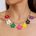 Colorful acrylic flower pendant necklace on gold chain shown on model neck - Multicolor Seven Flower Gold Thick Necklace (29834-nek-cor-6)