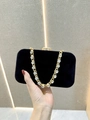 Black velvet evening clutch with gold rhinestone chain and diamond-studded clasp - Black