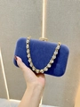 Detail of velvet evening clutch bag with luxury gold chunky chain and rhinestones - Dark Blue