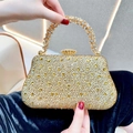 Lussuosa borsa da sera dorata con strass scintillanti e manico superiore tondo - Oro
