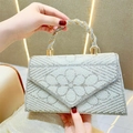 Elegant ivory evening bag featuring luxury pearl and rhinestone floral embroidery details - Silver