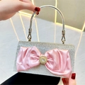 Silberne Strass-Abendtasche mit einer großen rosa Satinschleife und Perlenverzierung - Rosa Schleife / Silber