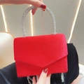Elegant red velvet evening clutch bag with sparkling rhinestone handle and chain strap - Red