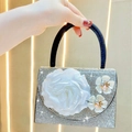 Sac de soirée argenté à strass avec grande fleur blanche et anse noire pour les banquets - Noir