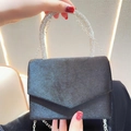 Elegant black sequin evening bag with sparkling diamond handles and V-shaped flap cover - Black