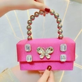 Fuchsia satin evening bag featuring a rhinestone butterfly and metallic bead handle - Rose Red