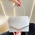 Silver grey velvet evening clutch with rhinestone ring handle and silver chain strap - Silver Gray