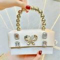 Elegant champagne satin evening bag with rhinestone butterfly and silver ball handle - Apricot