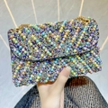 Rainbow pearl evening bag with rhinestones and gold chain strap in hand - Colorful