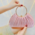 Elegant pink pleated evening clutch bag with circular gold metal handle and ball clasp closure - Rose Red