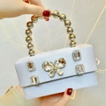 Silver satin evening clutch bag with pearl handle and rhinestone butterfly clasp decor - Silver