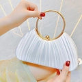 Elegant silver pleated evening clutch bag with round gold metal handle for formal banquets - White