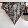 Classic large 130cm square silk scarf with black white tropical floral print and brown border - 130*130cm / Black Patterned Style (WS-13)