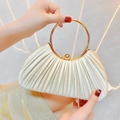 Champagne pleated evening clutch with golden metal handle and sphere clasp for women - Apricot
