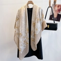 Pañuelo de moda de algodón y lino para mujer con estampado floral de crisantemo vintage - 130*130cm / WS-15-Caqui