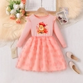 Pink knit long sleeve girls dress with capybara print and heart pattern mesh skirt - 100cm (3-4 Years) / Pink