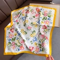 Floral print silk scarf with vibrant flower patterns and yellow borders shown in detail - 70*70cm / Yellow Edge Floral (W-273-Yellow Edge)