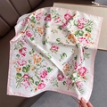 Detail of floral silk scarf showing smooth texture and realistic flower print patterns - 70*70cm / Pink Floral (W-273-Pink)