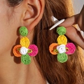 Handmade multicolor raffia flower drop earrings with bohemian beach vacation style - Multi-color Woven