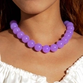 Close-up of vibrant purple acrylic bead necklace worn with a white satin ruffle blouse - Purple(27326)