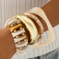 Bohemian 4-piece chunky bracelet set with cream marble resin and gold metal finish - Creamy White 4-Piece Set (30824)