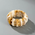 Elastic chunky resin bead bracelet with ivory marble texture and gold accents - Wide Marble Pattern Stretch Bangle (30824)