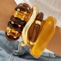 Exaggerated acrylic and gold bead bracelet set in amber and dark brown tones - Amber 4-Piece Set (30827)