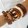 Stacked leopard print acrylic bangles and golden resin bracelets set for women - Dark Brown Gold Stacking 5-Piece Set (30879)