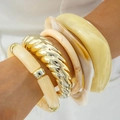 Fashion acrylic and gold bead bracelet set in cream and ivory marble texture - Creamy White Gold Stacking Bangle Set (30876)