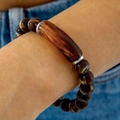 Tiger eye style beaded bracelet set with large brown acrylic bead on wrist - Dark Brown Ore Style Main Bead Bracelet (30952)