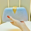 Detail view of the silver textured surface and golden leaf-shaped metal clasp on the clutch - Silver