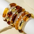 Boho amber acrylic and gold beaded bracelet set with marble texture and pearls - Amber and Gold Stacking 4-Piece Set (31274)